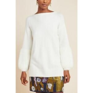 ANTHROPOLOGIE SWEATER COLMA WHITE LONGLINE KNIT BALLOON EYELASH LONG SLEEVE